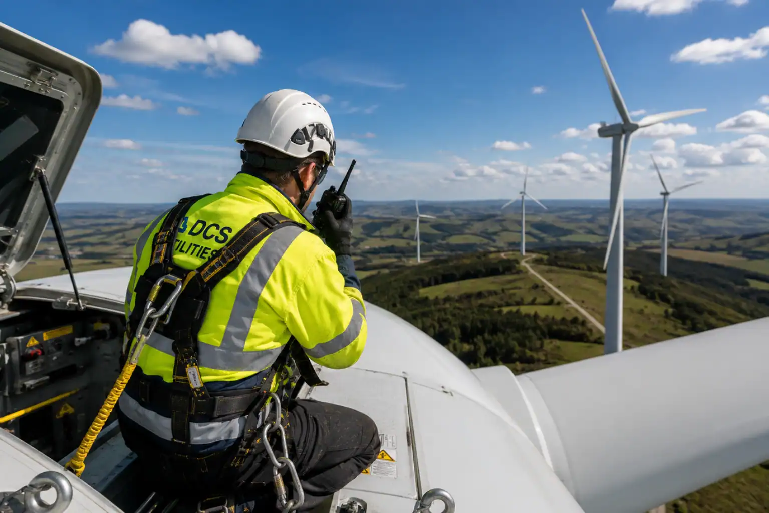 Wind turbine maintenance on a sunny day