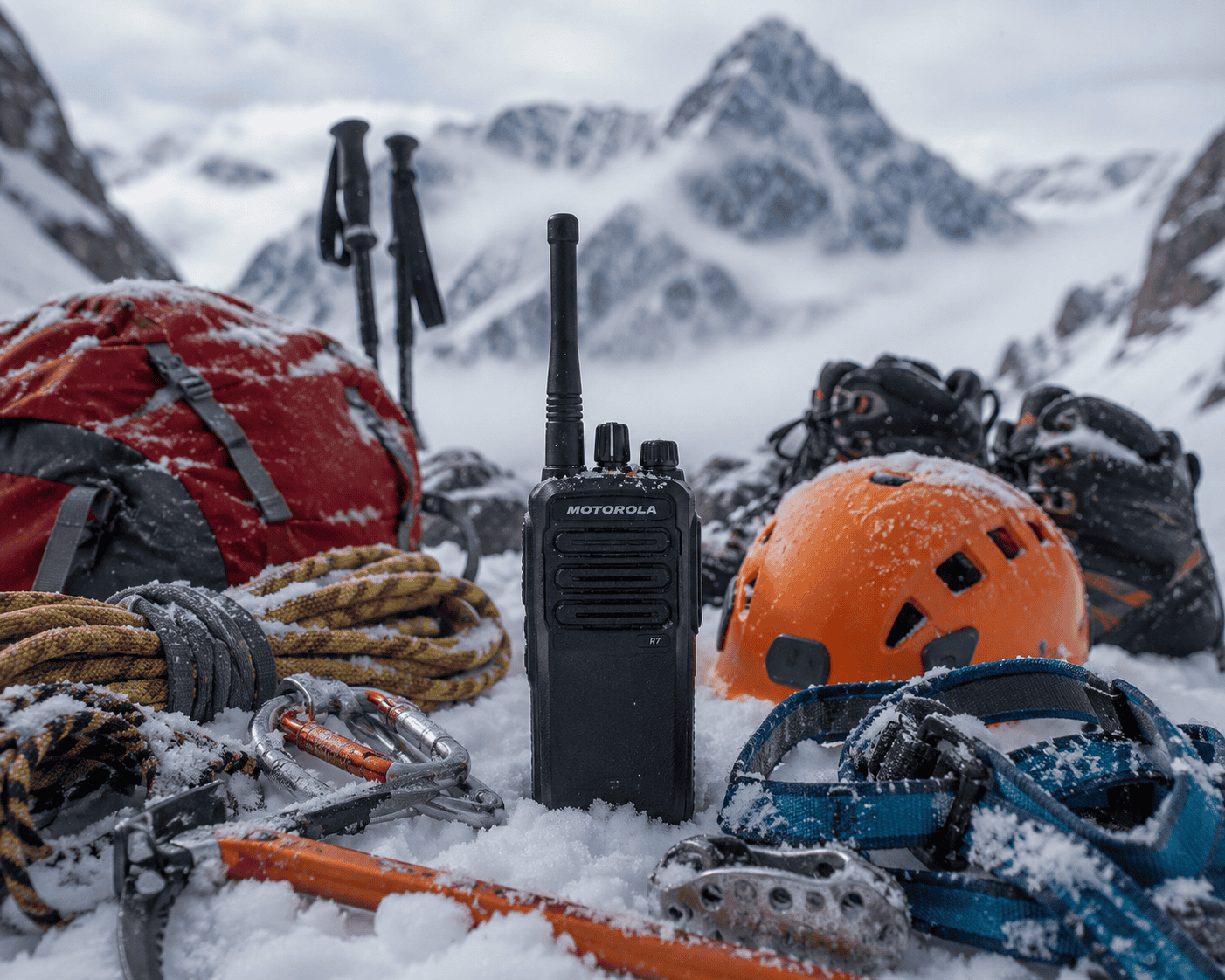 Winter mountaineering gear in snowy landscape Climbing gear in the snow