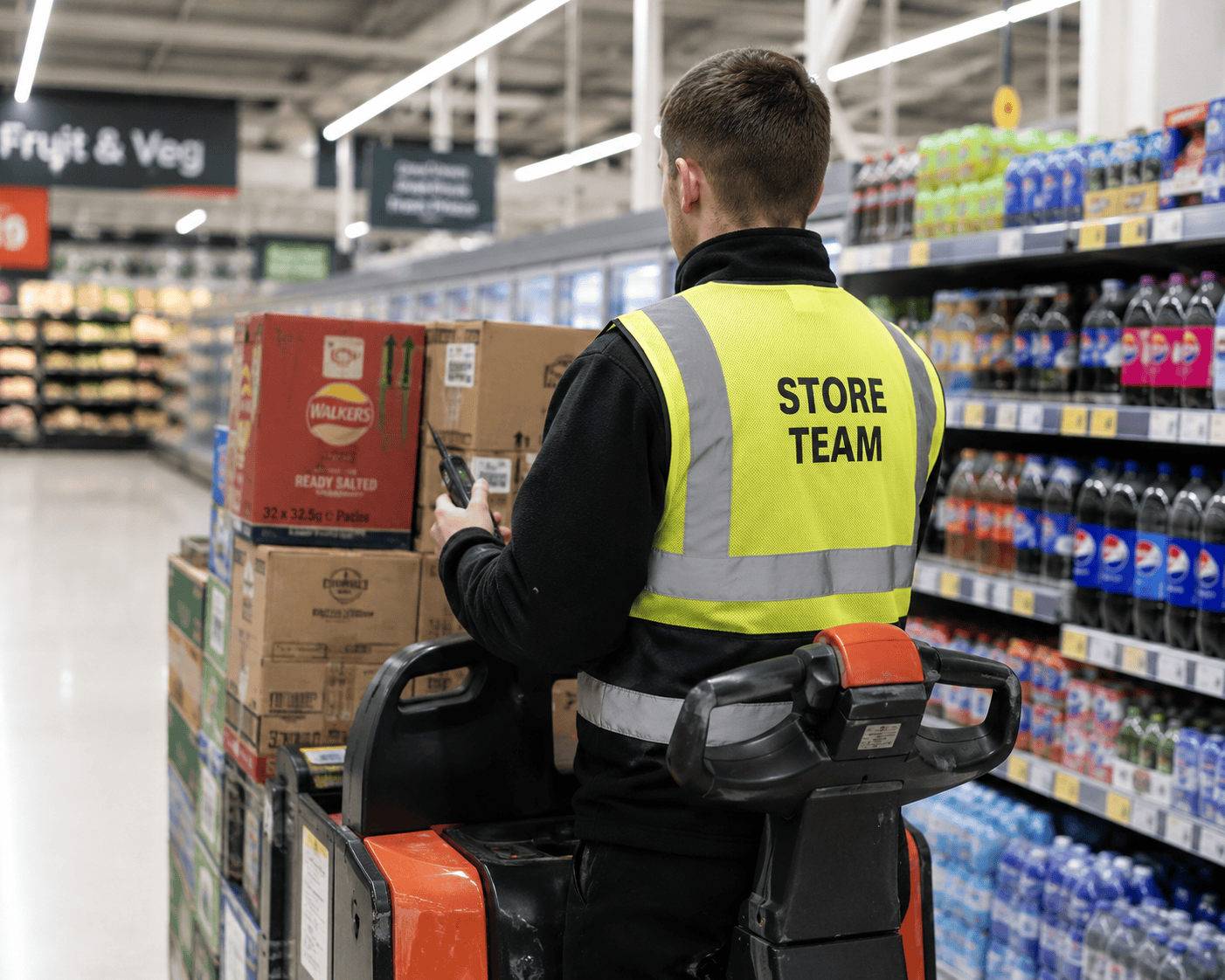 Worker in grocery aisle with pallet truck Worker in grocery aisle with pallet truck