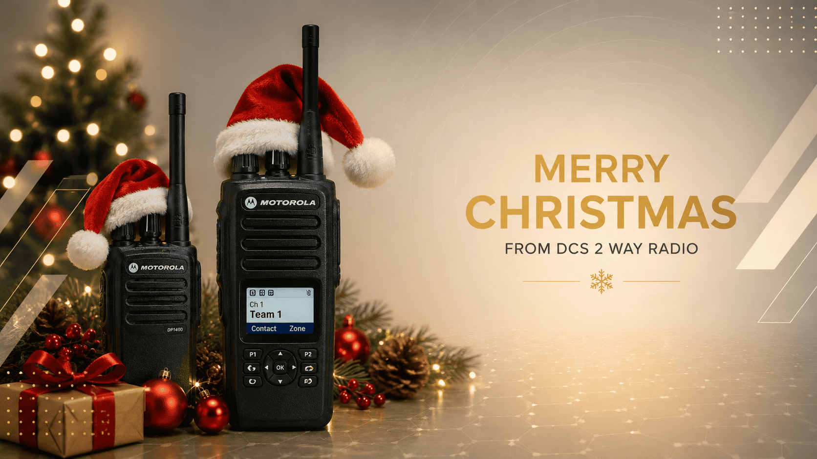 DCS 2 Way Radio with Christmas decorations and Santa hats for holiday communication.