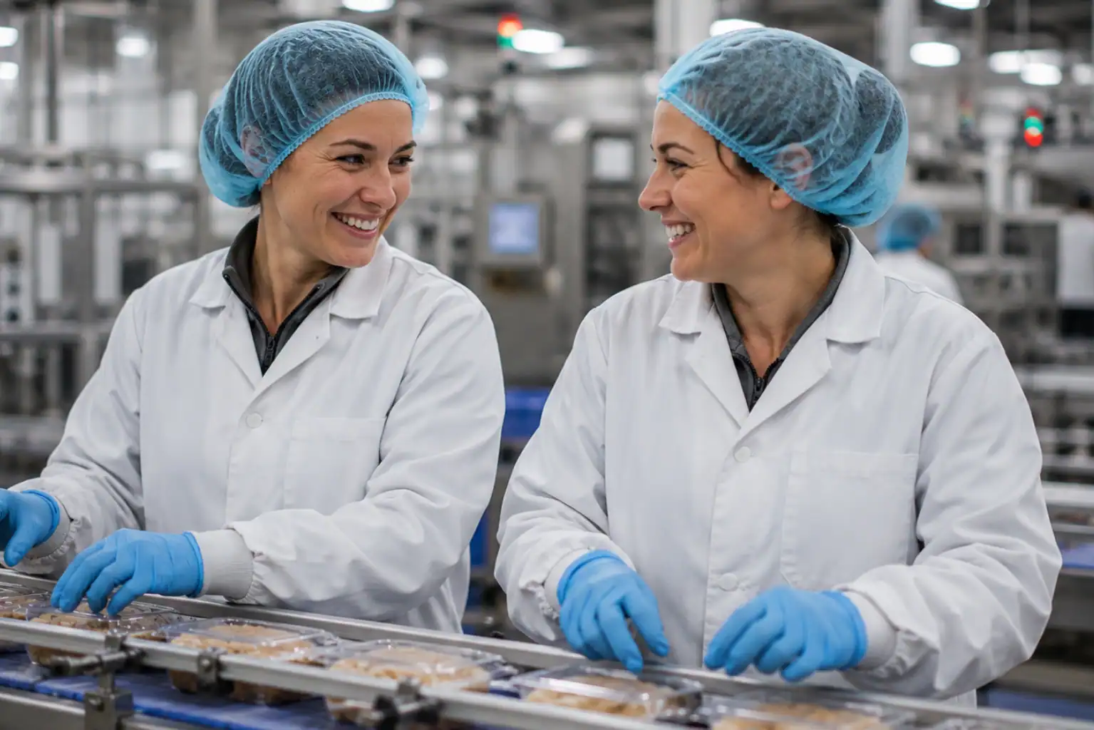smiling production line workers smiling production line workers