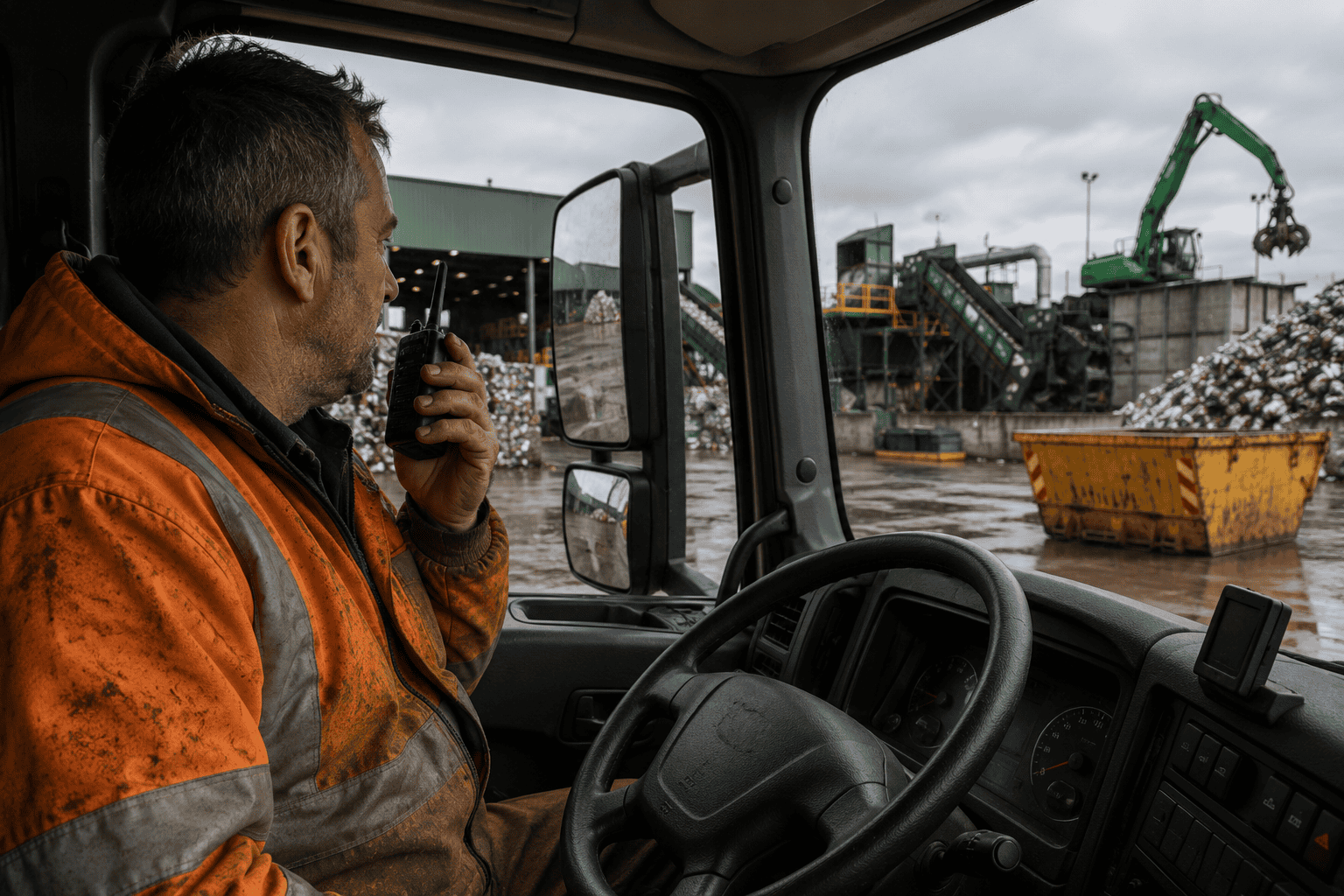 Industrial worksite from truck cab perspective Industrial worksite from truck cab perspective