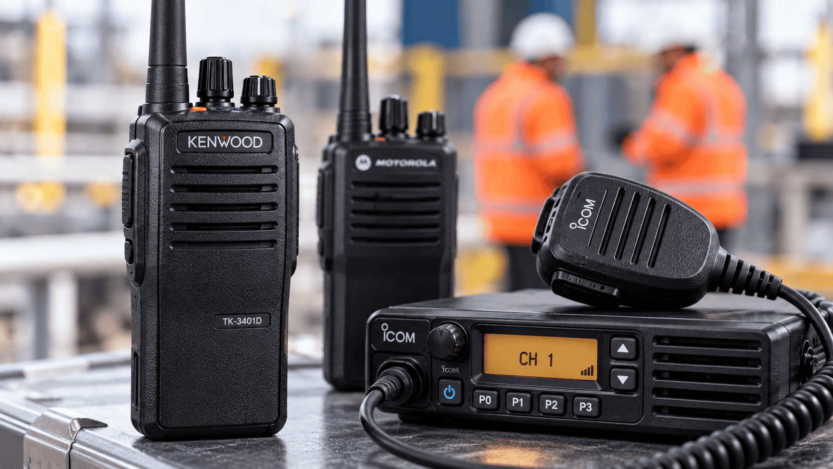 Analogue Radio DCS 2 Way Radio communication devices on a worksite with workers in safety gear.