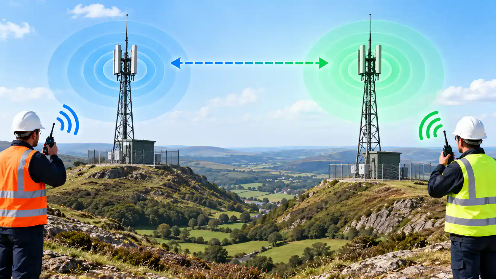 Back-to-Back Repeater Link in the Countryside Two workers in safety gear operate two-way radios near radio towers for back-to-back repeater setup.
