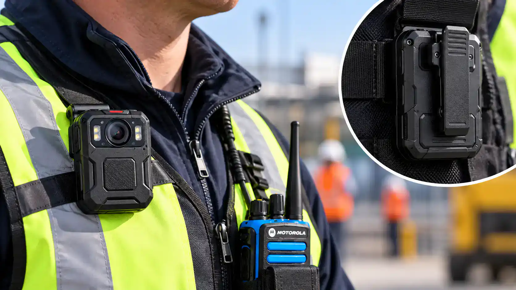 Body Camera and Radio in Industry Body-worn camera attached to a police officer's uniform for security and evidence collection.