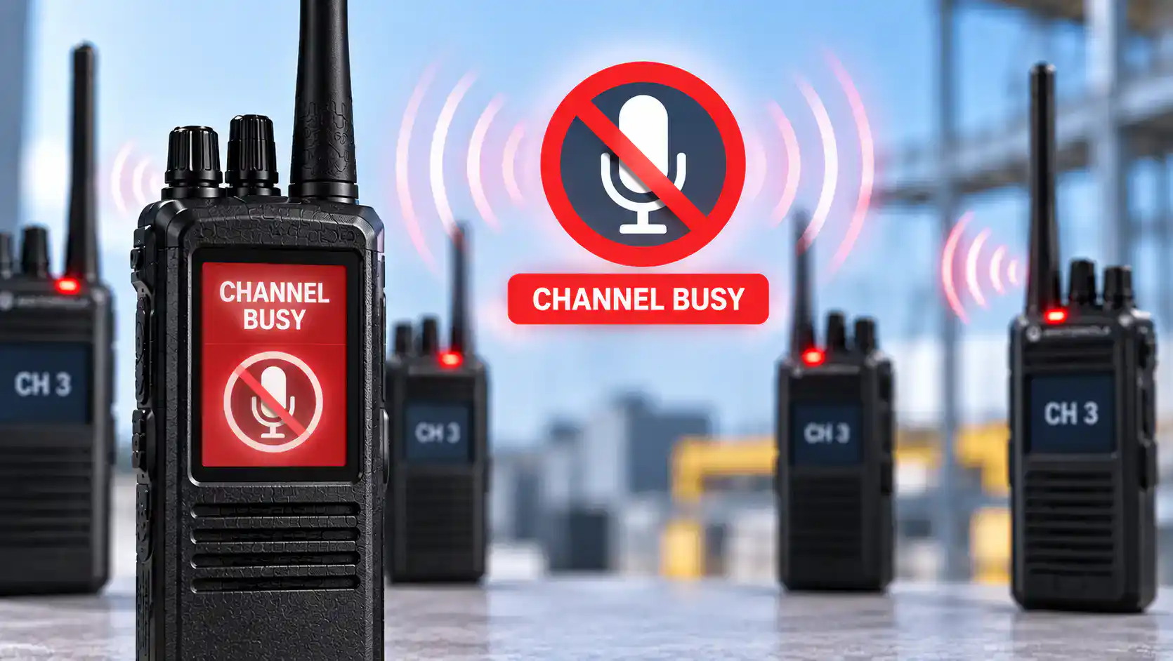 Channel Busy Radio Lockout DCS 2 Way Radio with busy channel lockout alert on a construction site.
