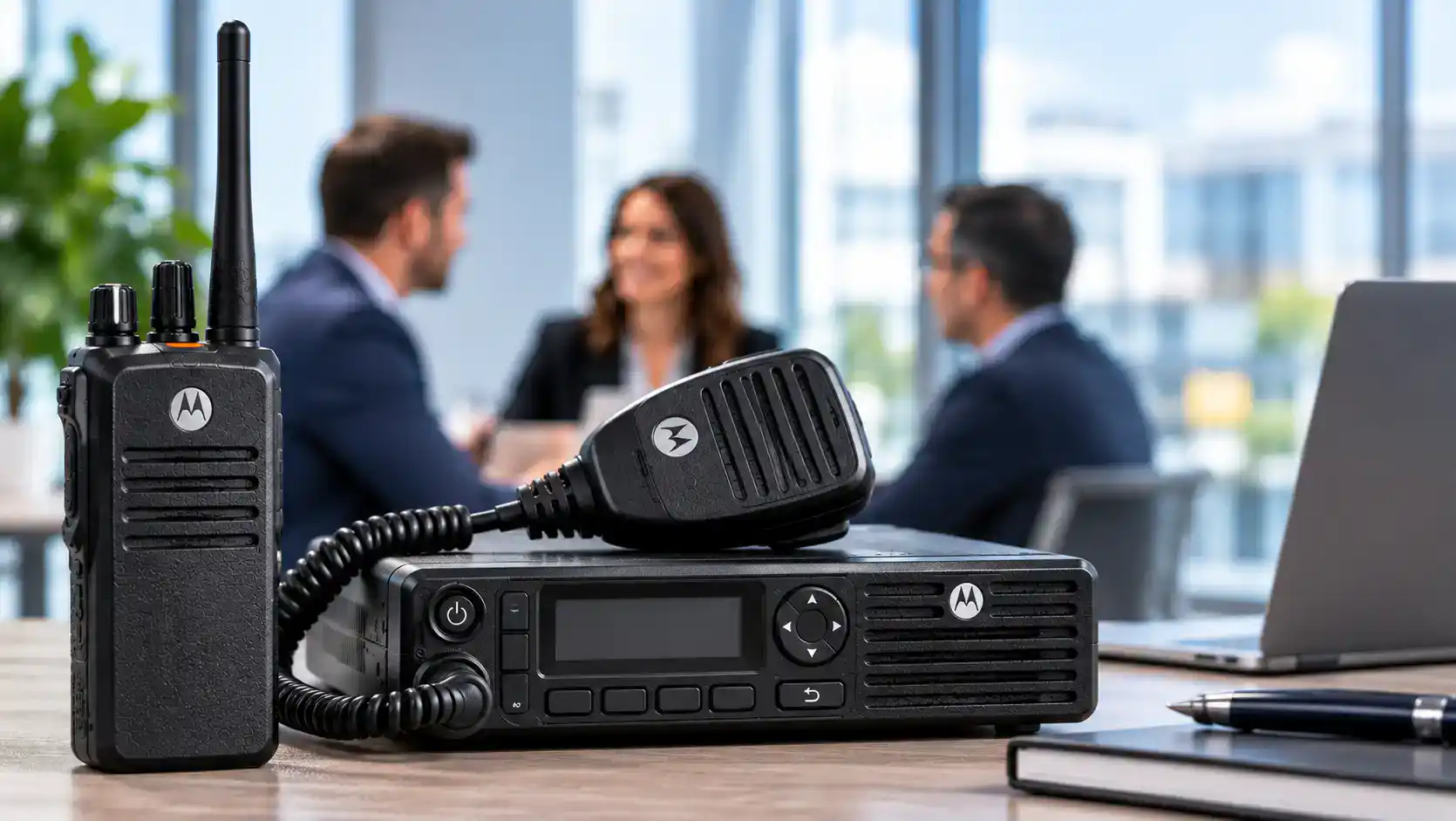 Corporate Radio Communications in Focus Business meeting with DCS 2 Way Radio in focus for communication.