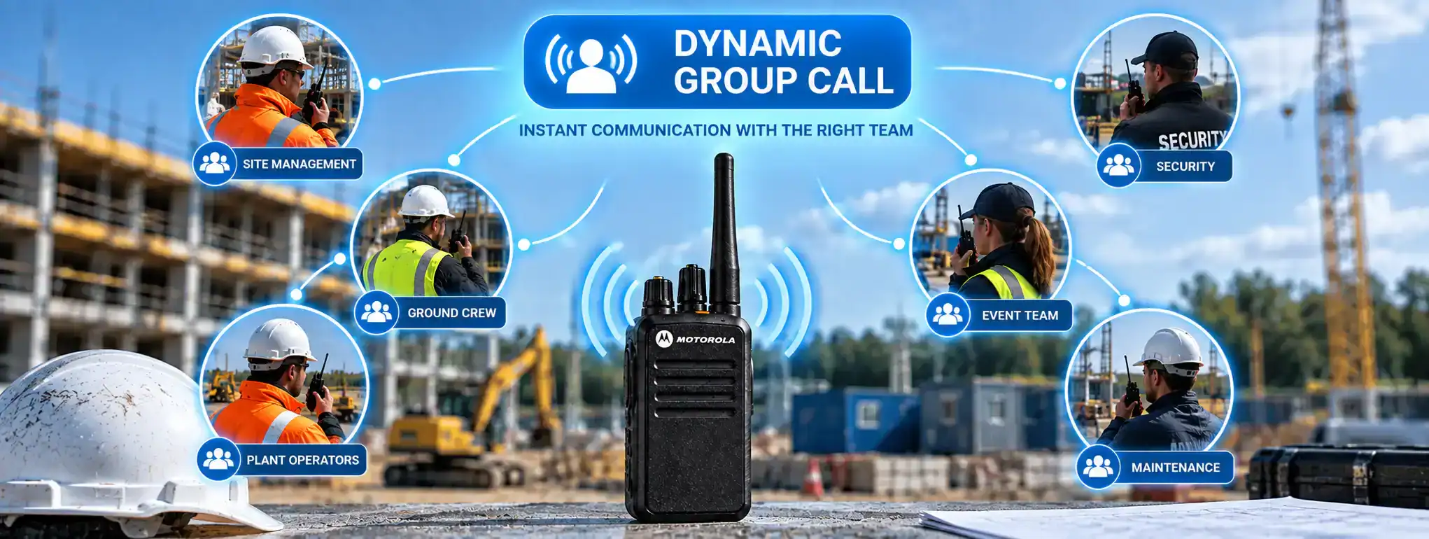 Dynamic Group Call DCS 2 Way Radio for dynamic group communication on construction sites.