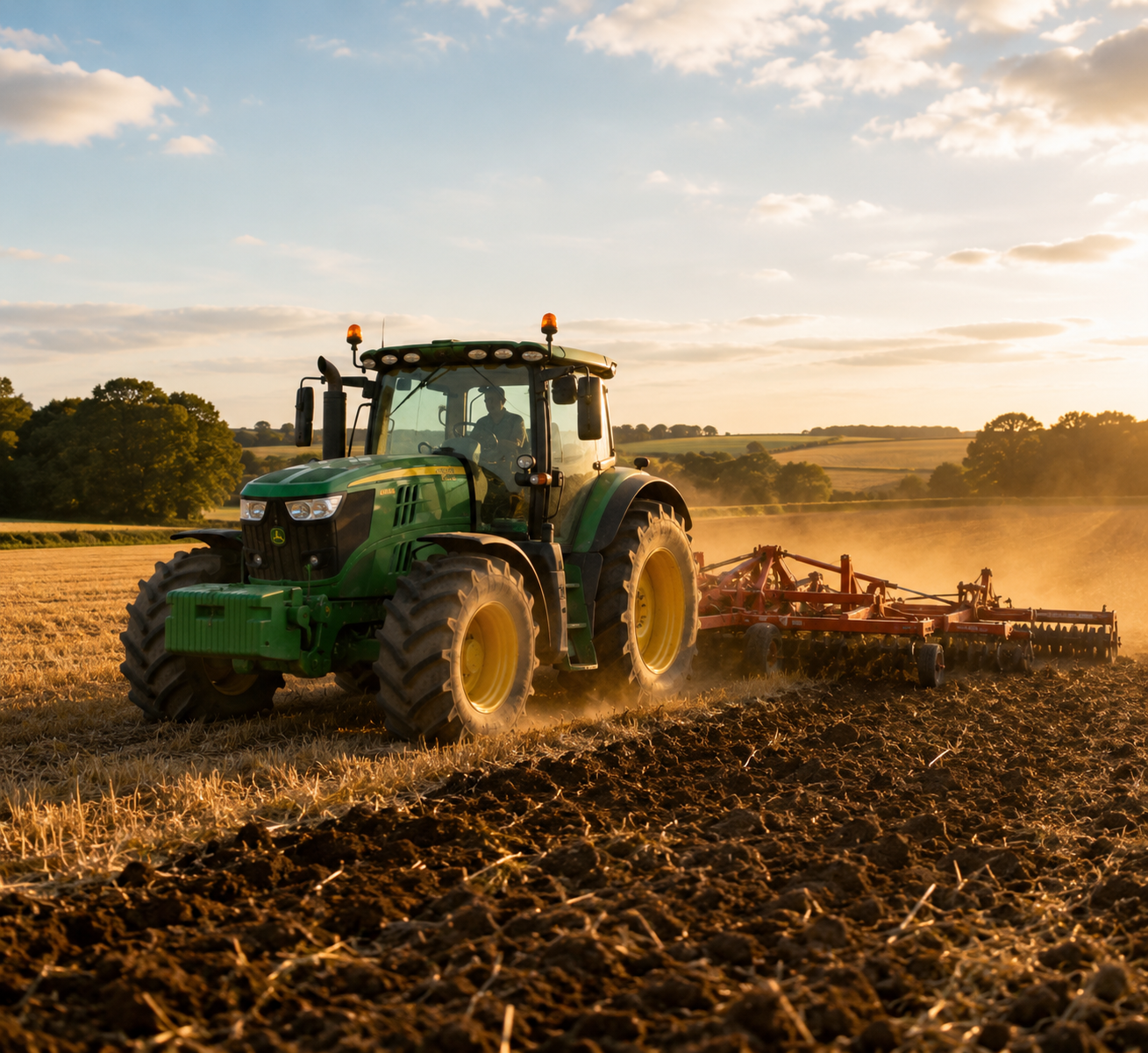 Golden-Hour Tractor Tilling the Fields