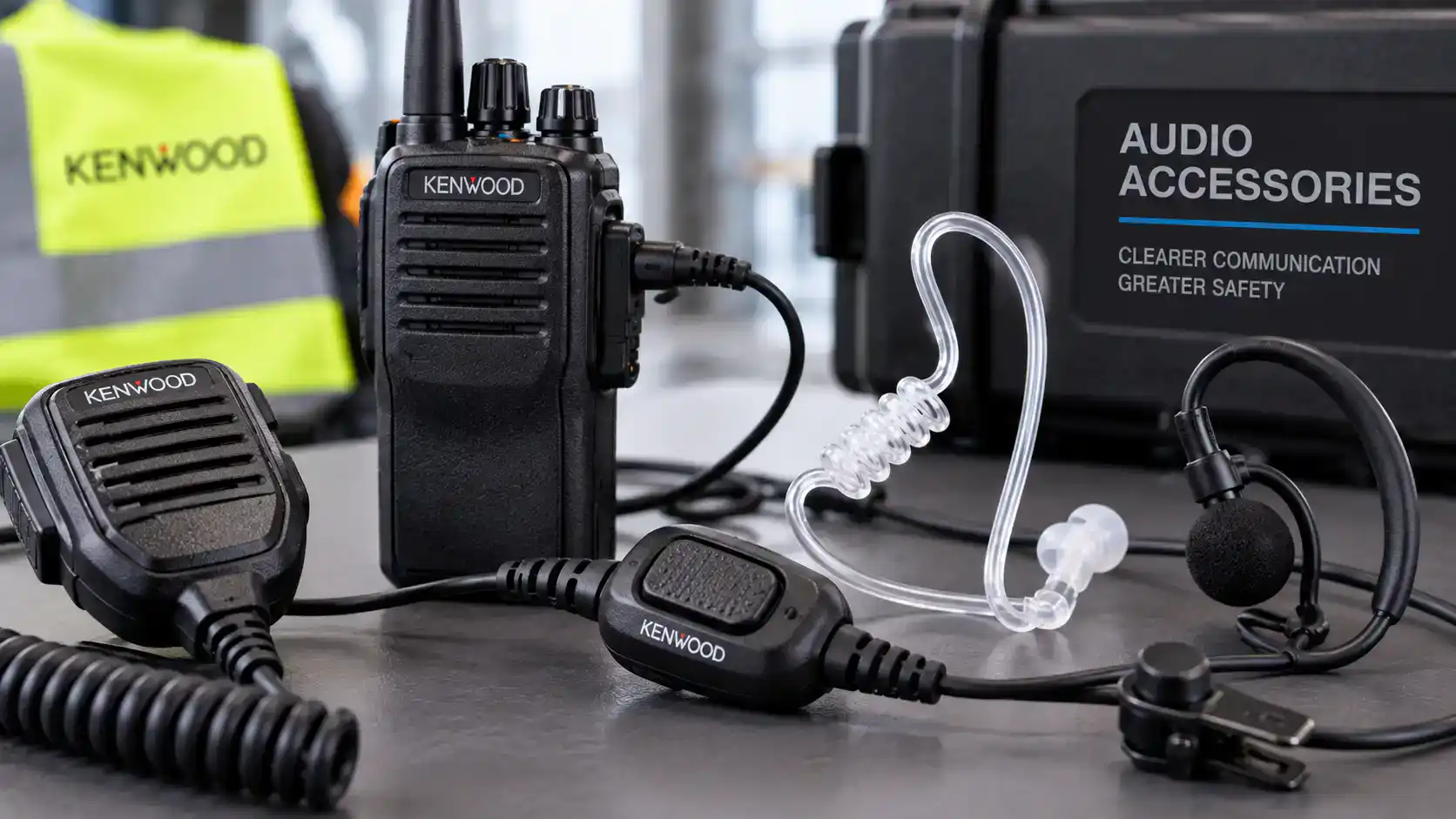 Kenwood Radio Audio Accessories Still Life Kenwood two-way radio with accessories for communication safety.