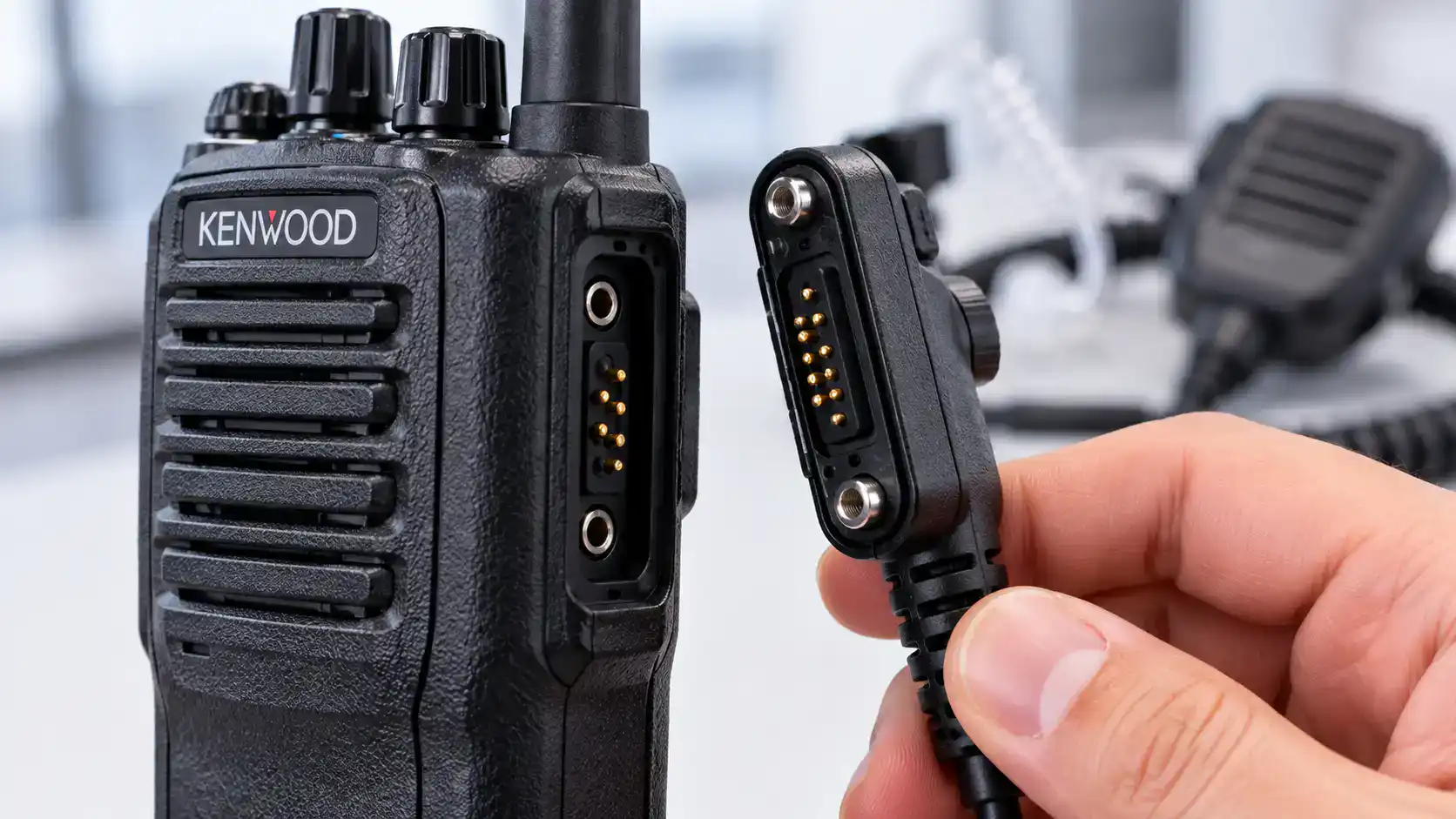 Kenwood Radio Connector Alignment Kenwood two-way radio with accessory connector for communication devices.