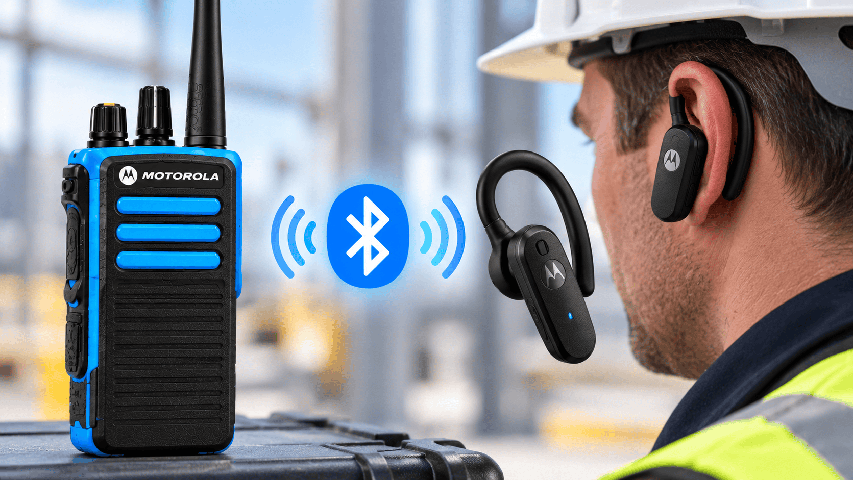 Motorola Bluetooth Radio and Headset Connection Motorola two-way radio with Bluetooth headset for professional communication.