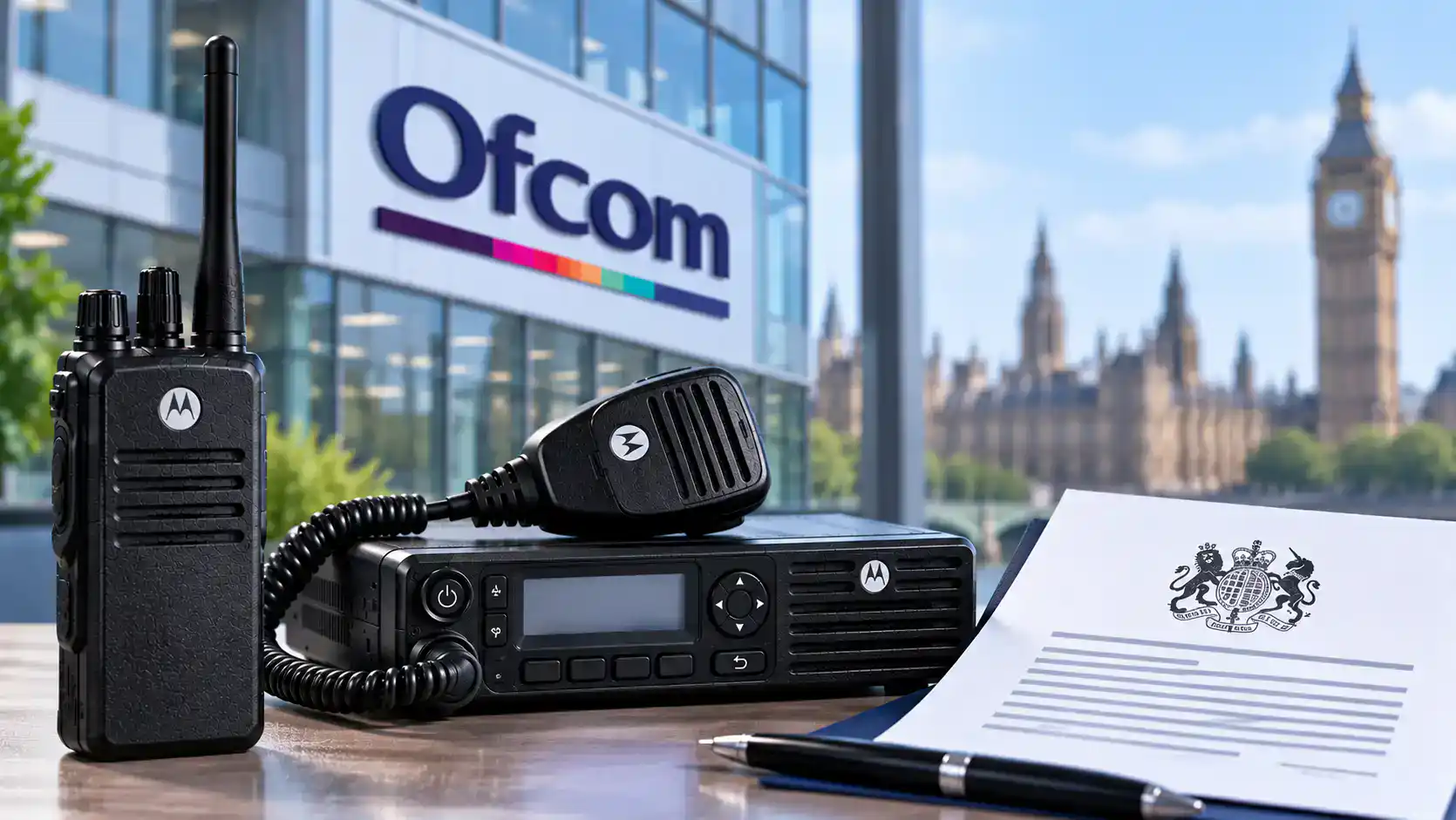DCS 2 Way Radio for Business Communications Business radio communication device with Ofcom building in background.