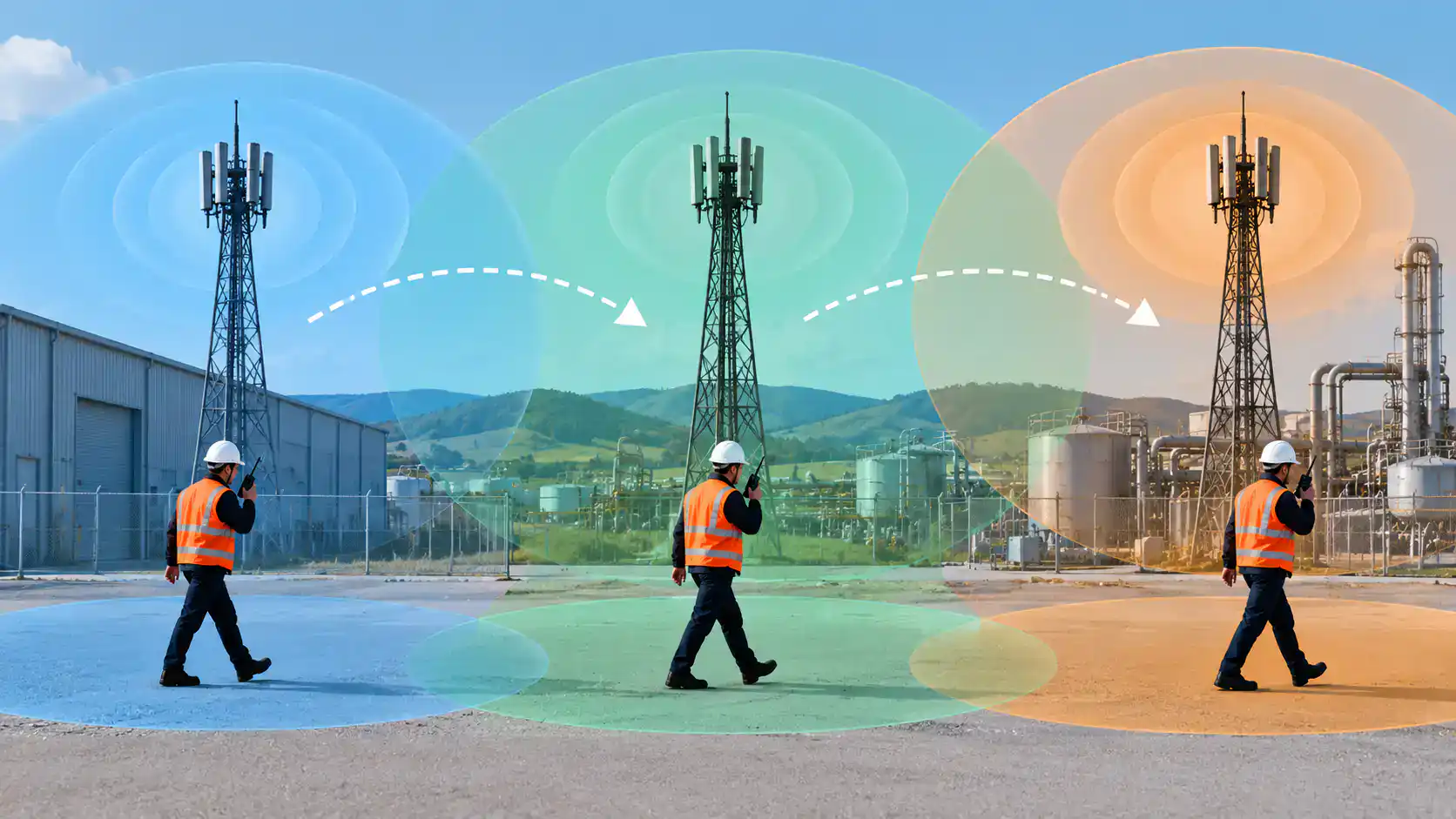 Seamless Radio Roaming Across Industrial Zones DCS 2 Way Radio tower with signal coverage zones in different colours.