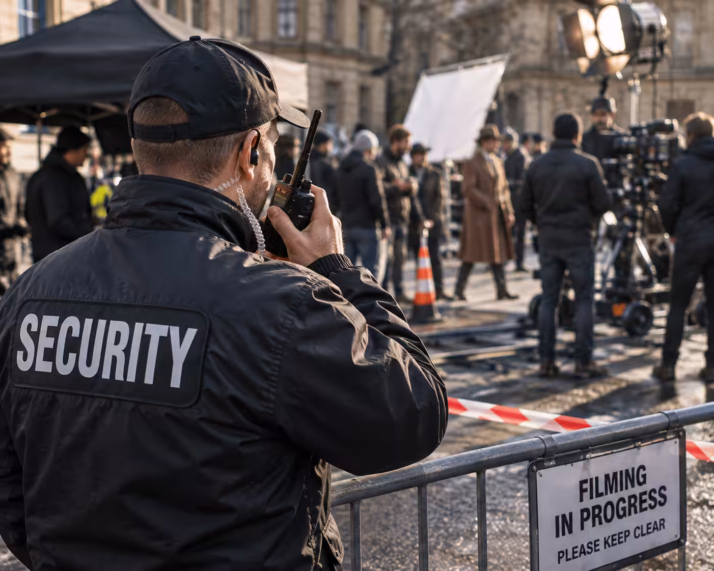 Security Guard Overseeing Film Set Security Guard Overseeing Film Set