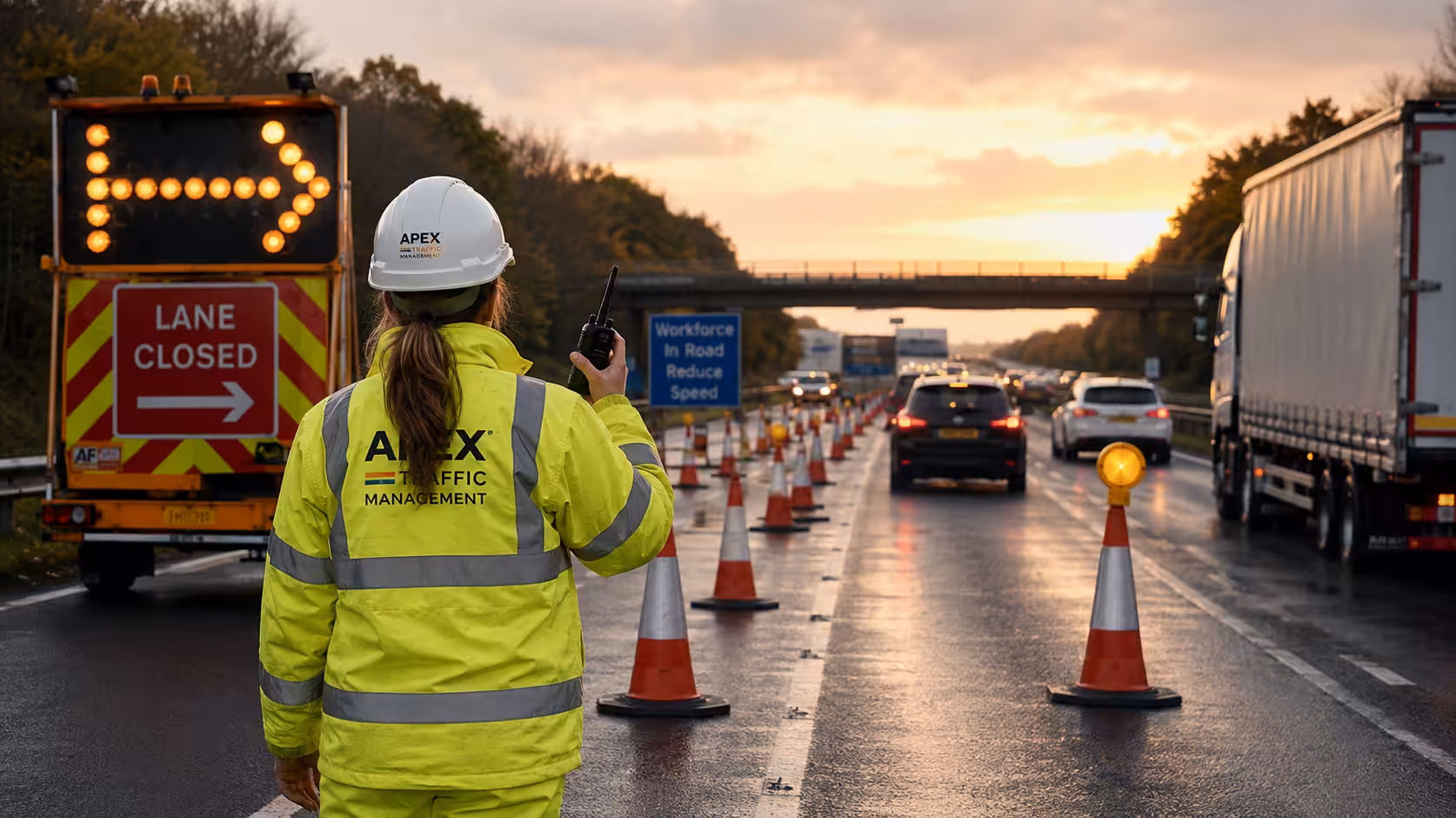 Traffic management officer using DCS 2 Way Radio at road closure scene.