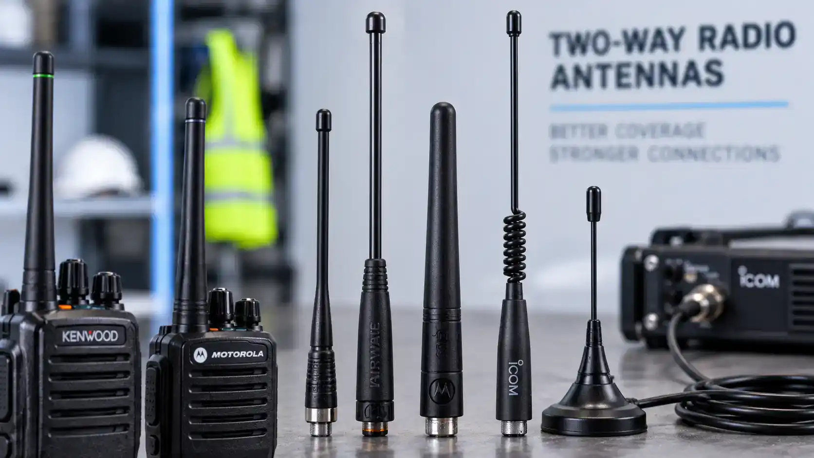 Two-Way Radio Antennas and Equipment Collection of two-way radio antennas for communication devices.
