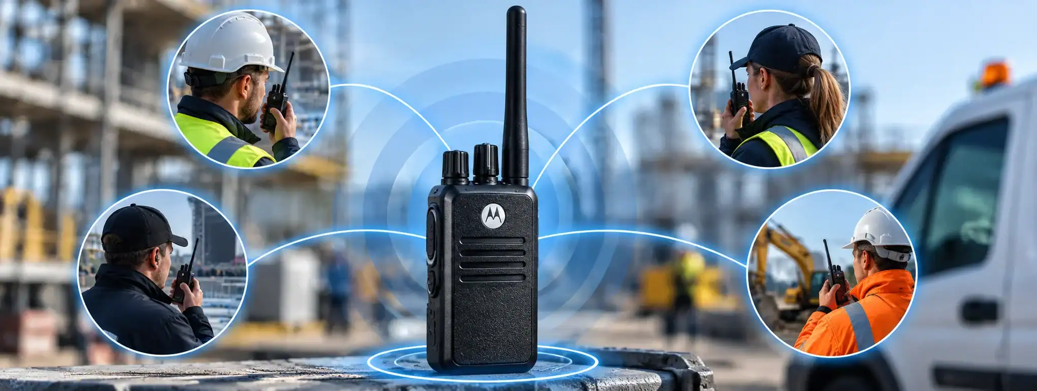 DCS 2 Way Radio for Construction Sites Construction site workers using DCS 2 Way Radio for communication.