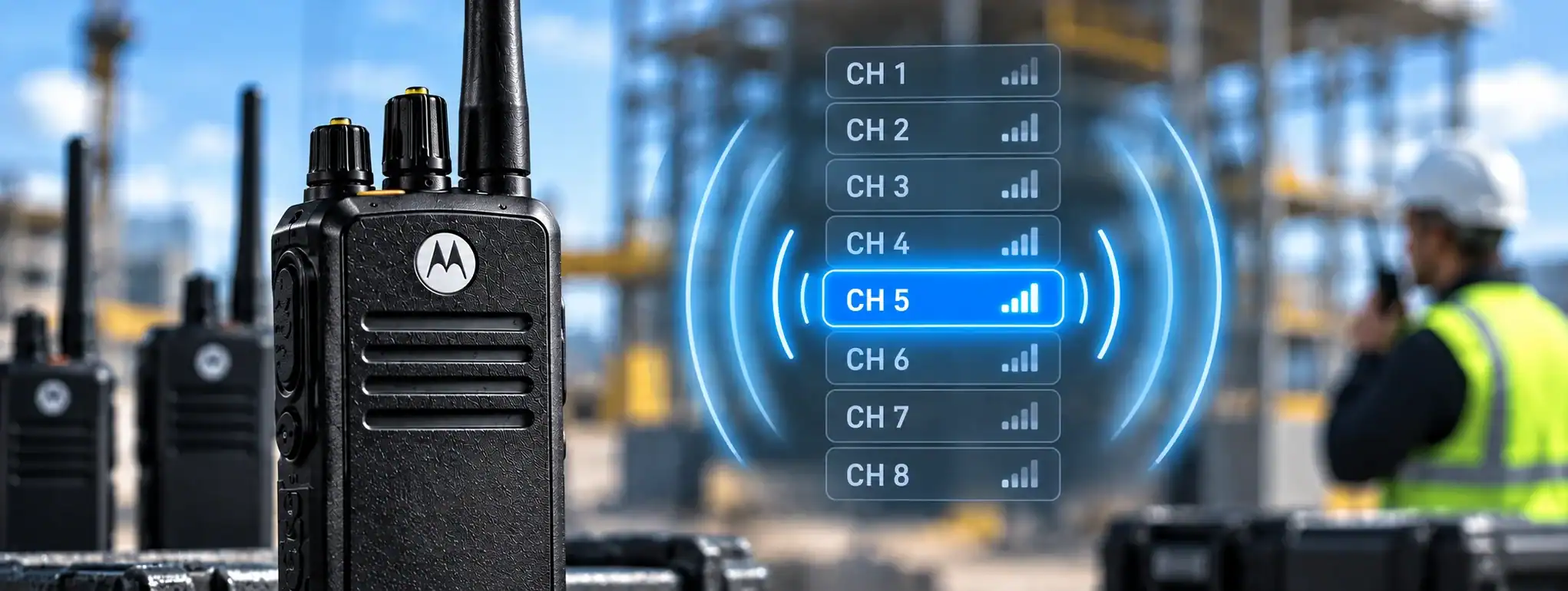 DCS 2 Way Radio for Channel Scan Two-way radio displaying channel scan with signal strength indicators.