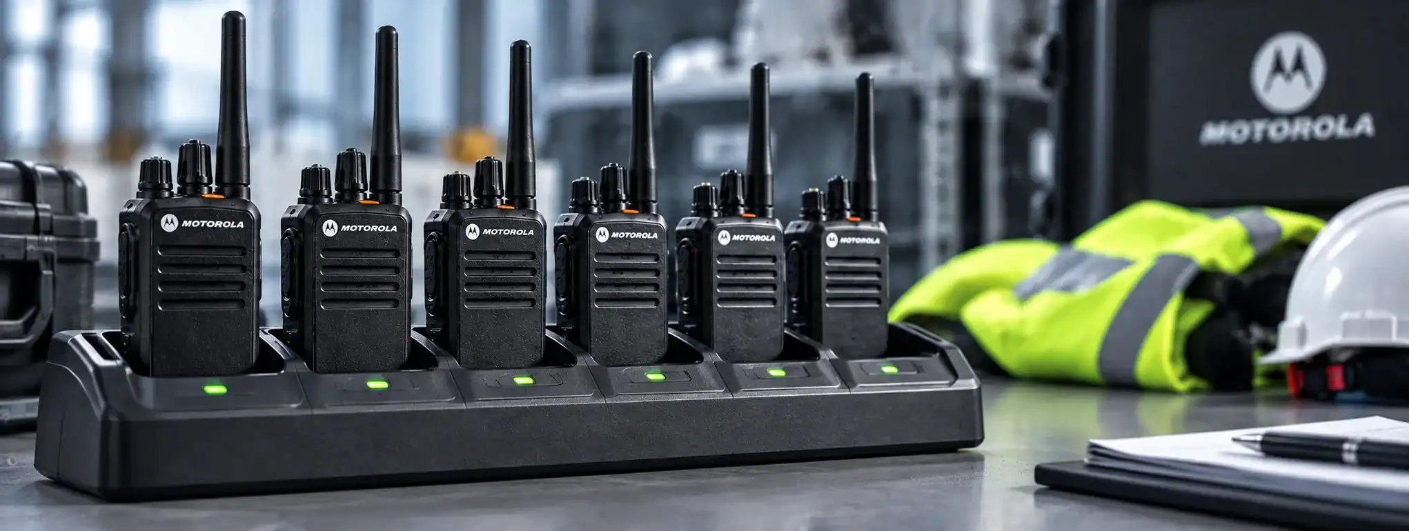 DCS 2 Way Radio Charging Dock Multiple Motorola 2 way radios on charging dock in workshop setting.