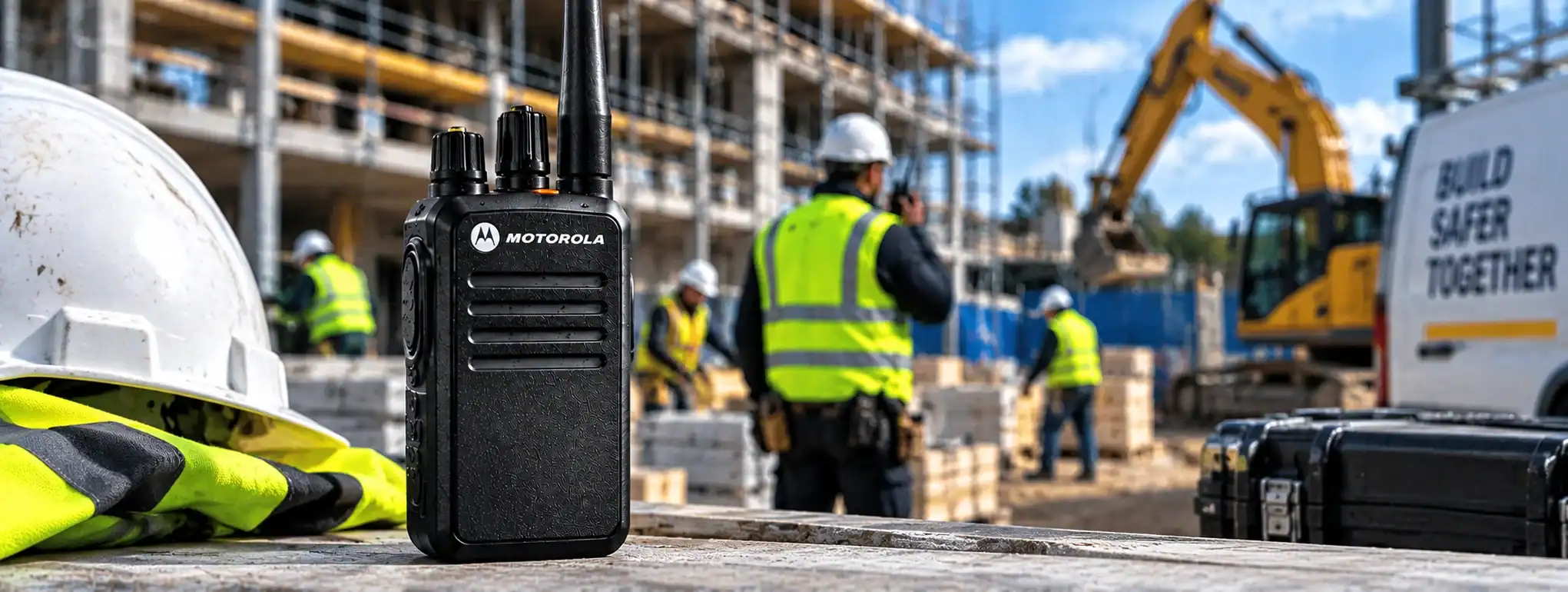 DCS 2 Way Radio for Construction Sites Construction site with Motorola DCS 2 Way Radio in use by workers.