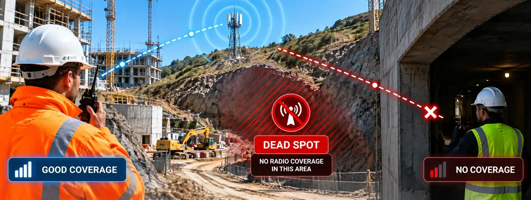 DCS 2 Way Radio Dead Spot Illustration Construction site with dead spot signal coverage issue and radio communication.