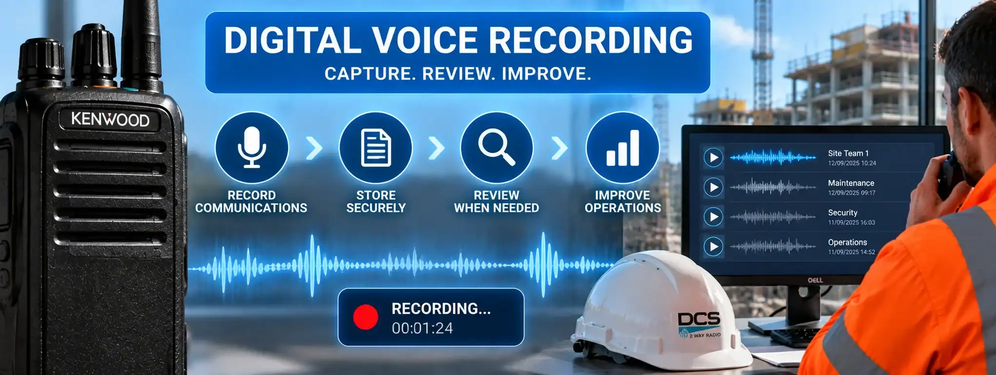 Digital Voice Recording Equipment Setup Digital voice recording system with Kenwood radio and monitoring screens.