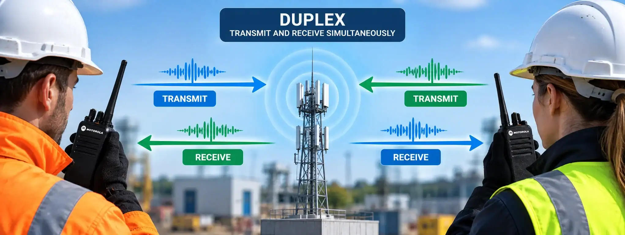 DCS 2 Way Radio for Duplex Communication Two workers using DCS 2 way radios for duplex communication at a telecom site.