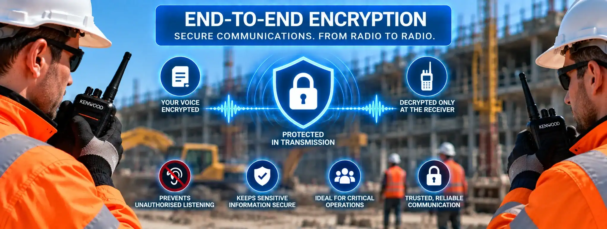 DCS 2 Way Radio for Secure Communication Two workers using DCS 2 Way Radio with encryption for secure communication.
