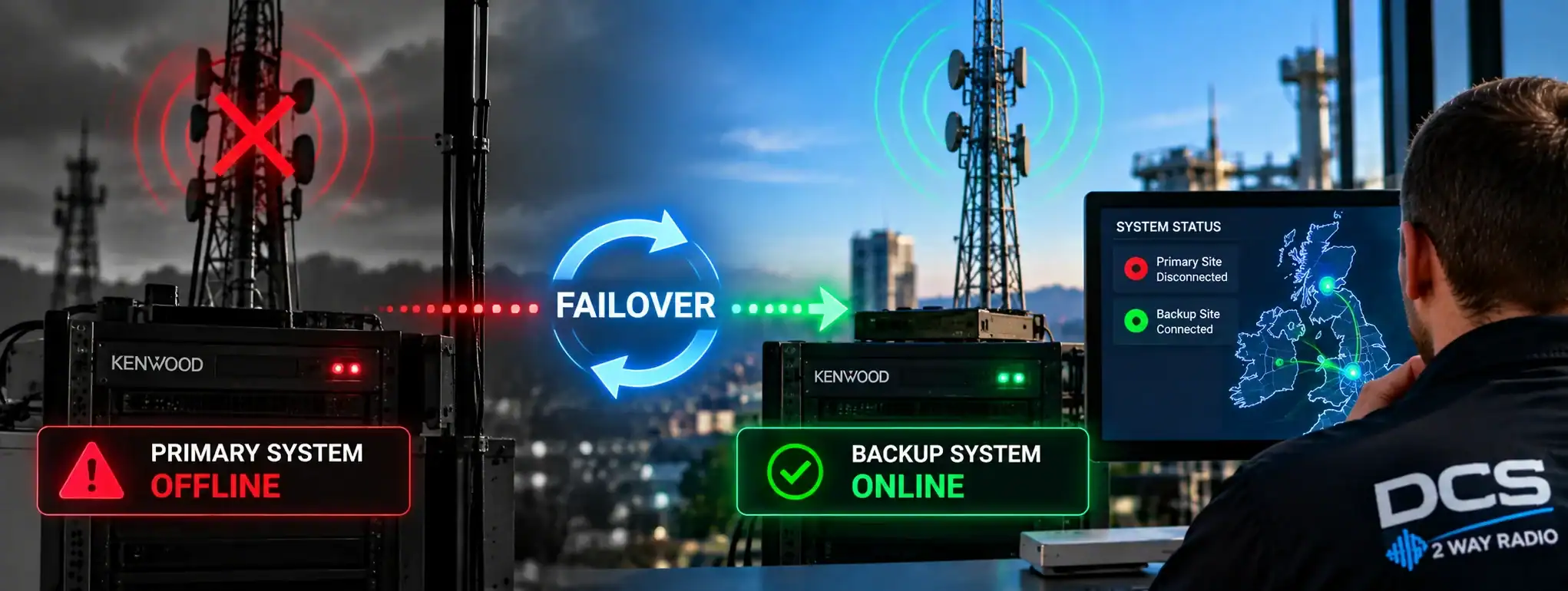 DCS 2 Way Radio Failover System Radio communication failover system with primary offline and backup online status.