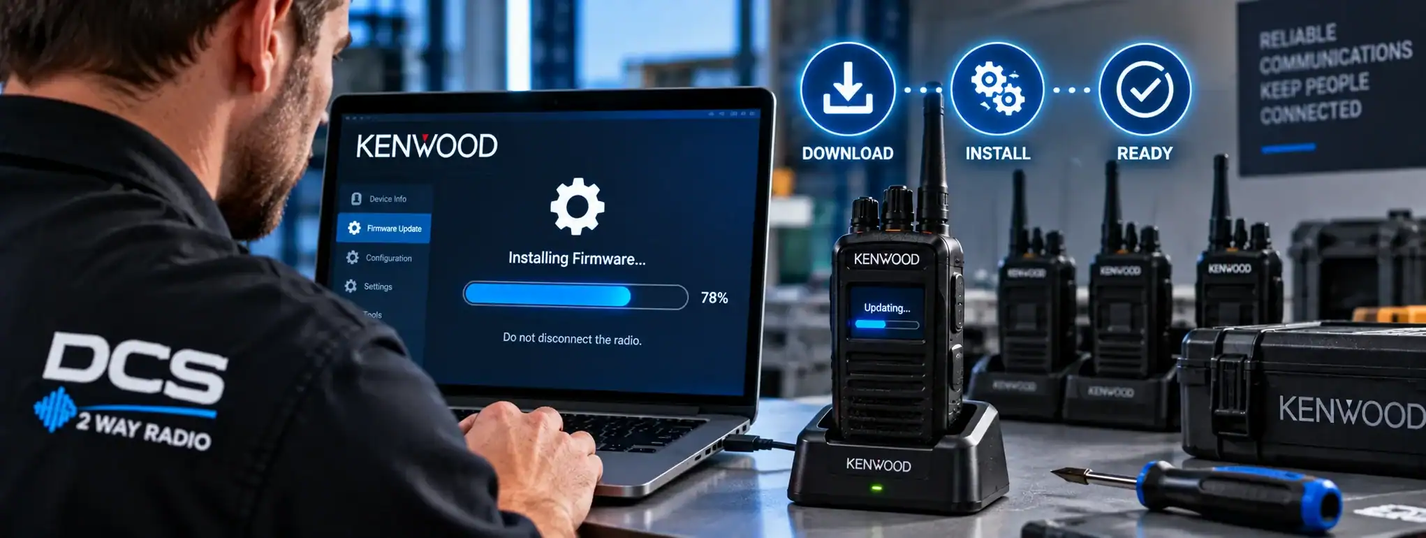 DCS 2 Way Radio Firmware Update Technician installing firmware on Kenwood two-way radio device.