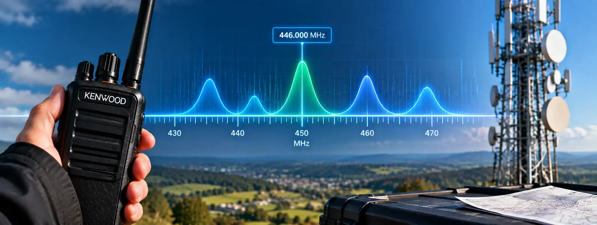 DCS 2 Way Radio for Frequency Communication Handheld DCS 2 way radio transmitting on frequency spectrum.