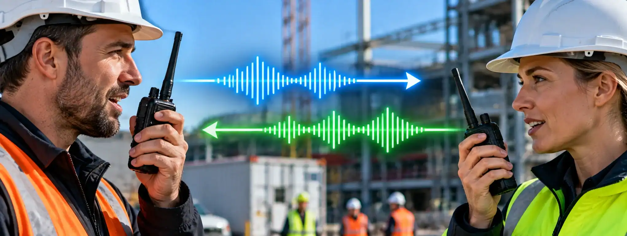 DCS 2 Way Radio for Construction Sites Construction workers using DCS 2 way radios for communication.