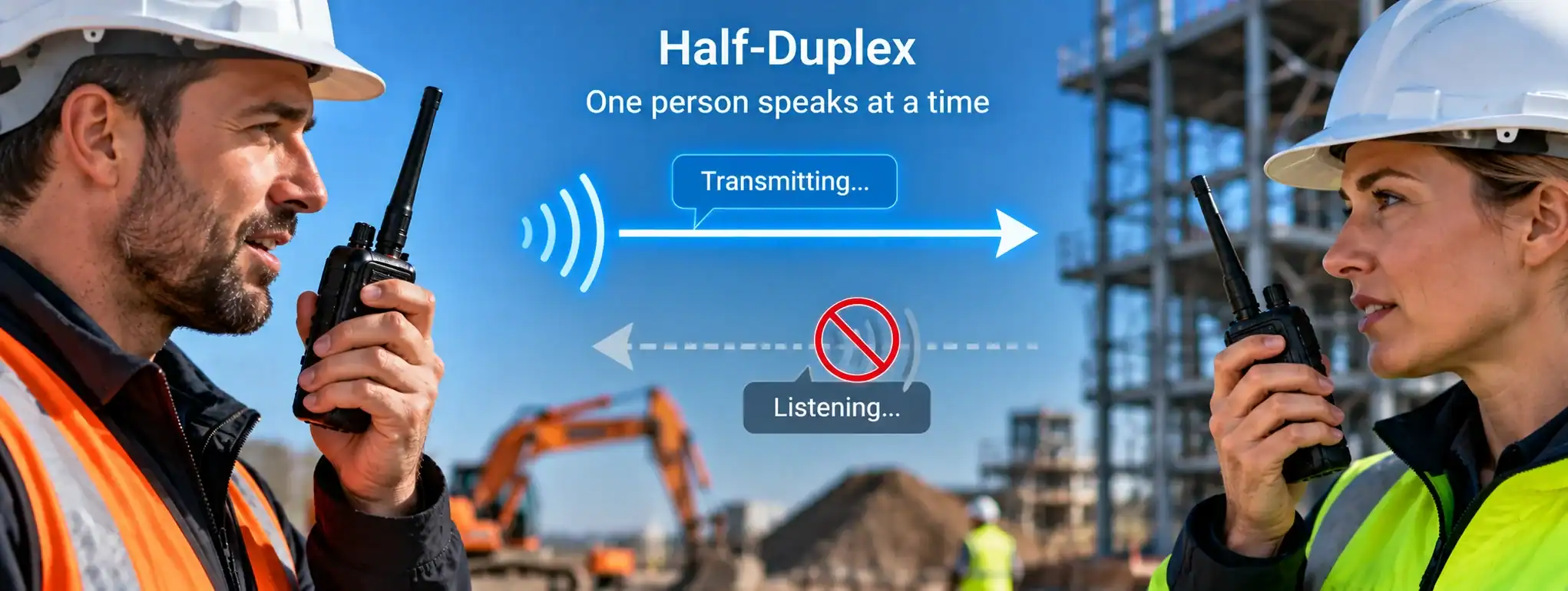 DCS 2 Way Radio for Half-Duplex Communication Two workers using DCS 2 way radios for half-duplex communication on construction site.
