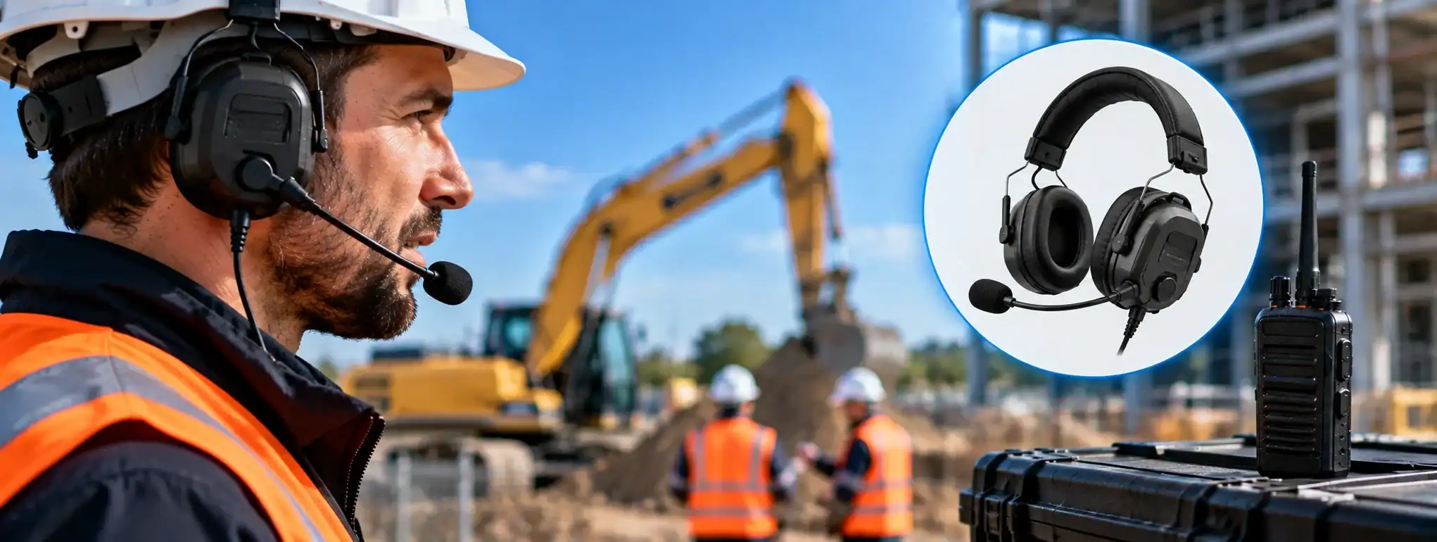 DCS 2 Way Radio Headset for Construction Construction worker wearing DCS 2 Way Radio headset on site.