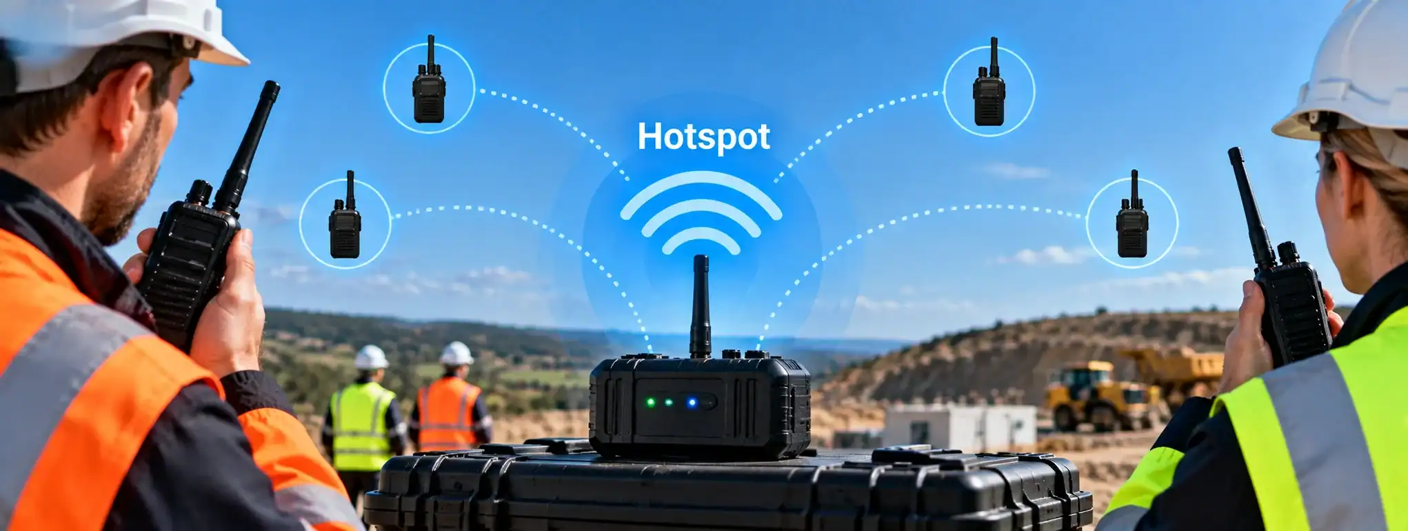 DCS 2 Way Radio for Hotspot Communication Two workers using DCS 2 way radios at a construction site with hotspot signal.