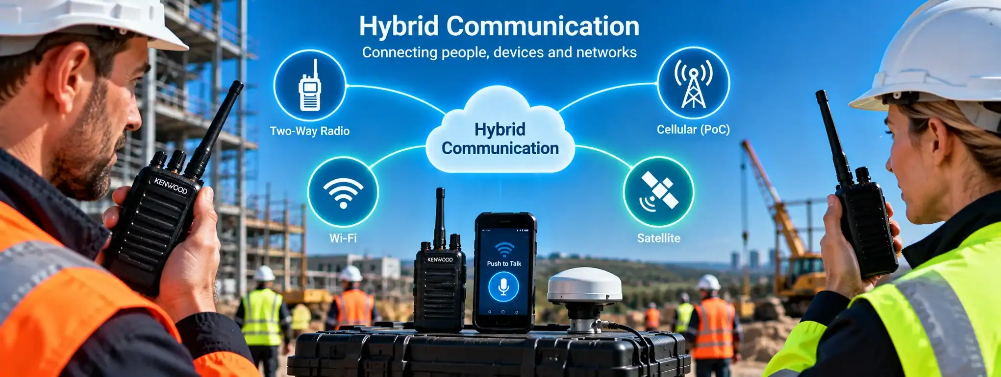 DCS 2 Way Radio for Hybrid Communication Two workers using DCS 2 way radios at a construction site for hybrid communication.