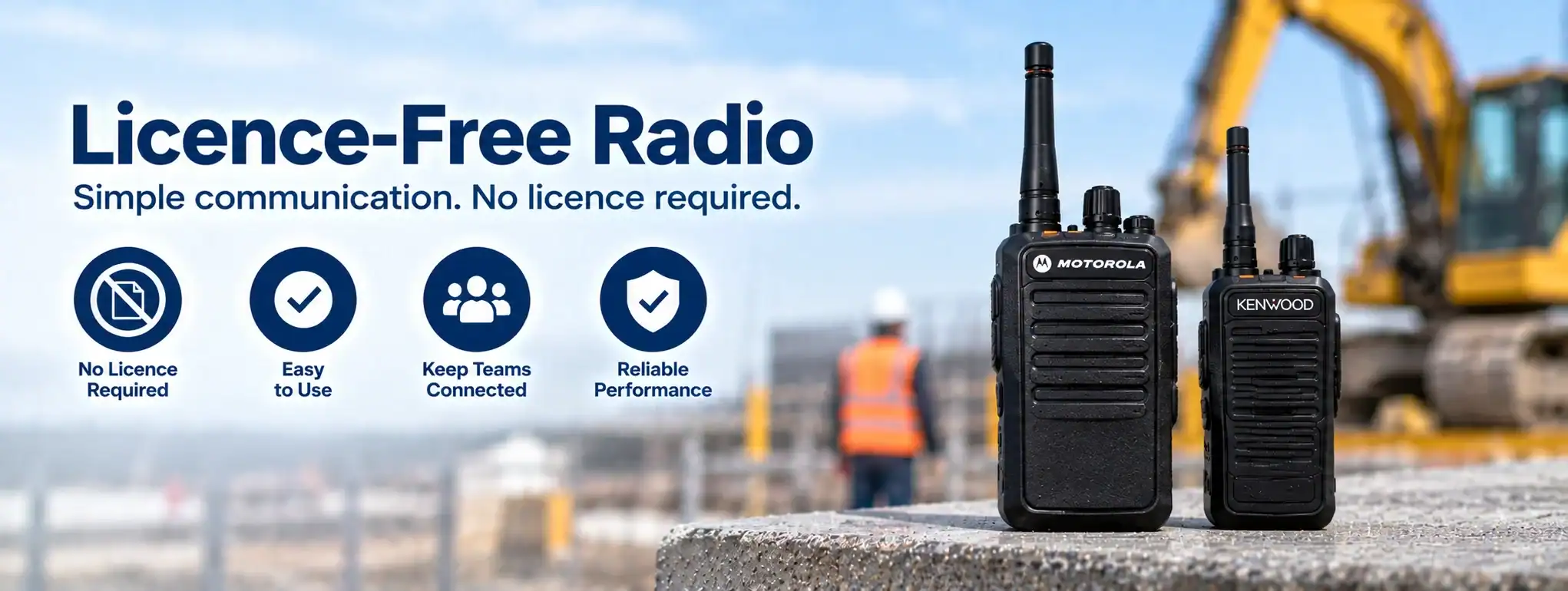 Licence-Free Radio for Construction Sites Two licence-free two-way radios on a construction site with machinery in background.