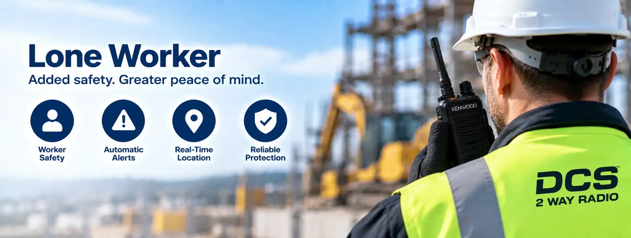 Lone Worker Safety with DCS 2 Way Radio Lone worker using DCS 2 way radio on construction site for safety.