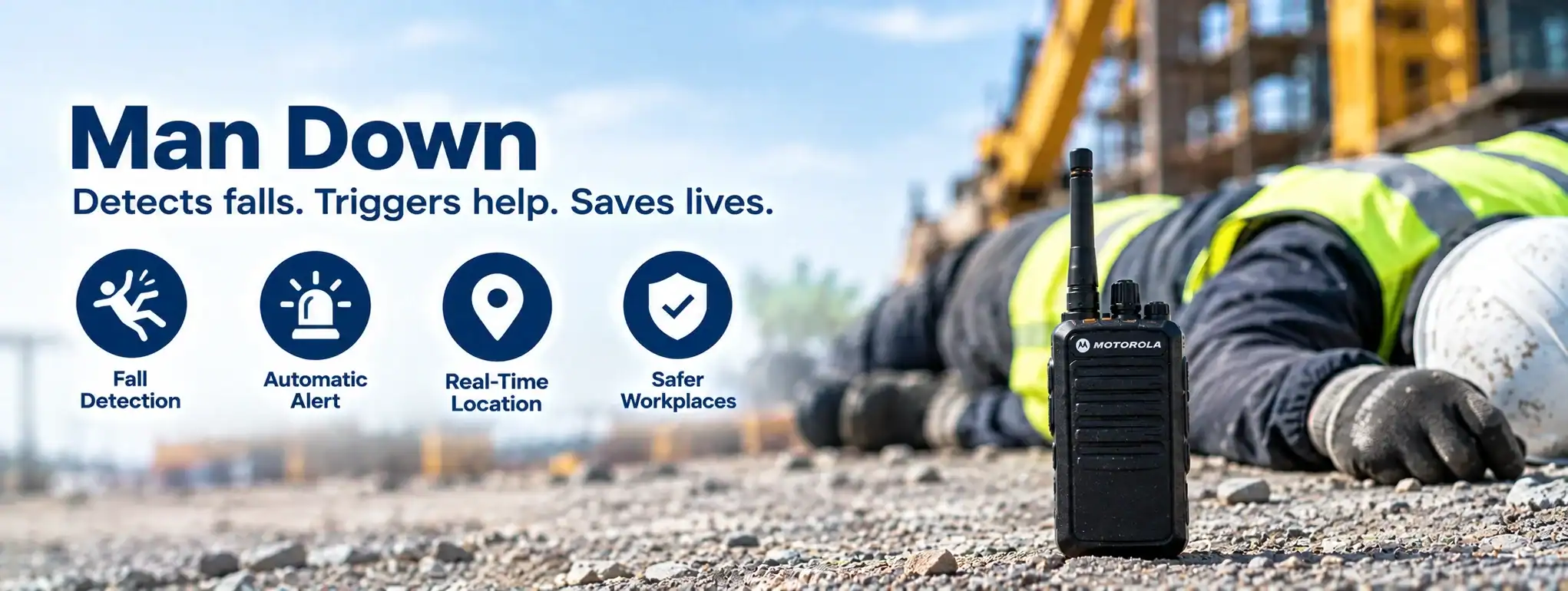 DCS 2 Way Radio for Man Down Safety DCS 2 Way Radio with Man Down detection on construction site.