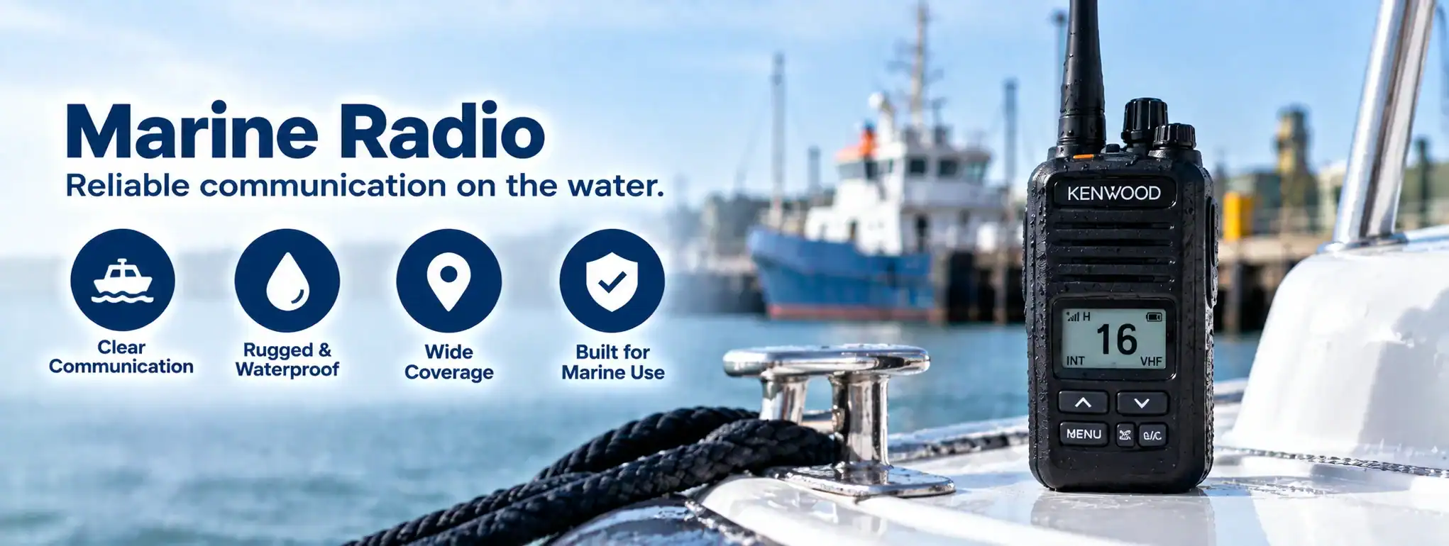 Marine Radio for Reliable Water Communication Kenwood marine radio on boat with ships in background.