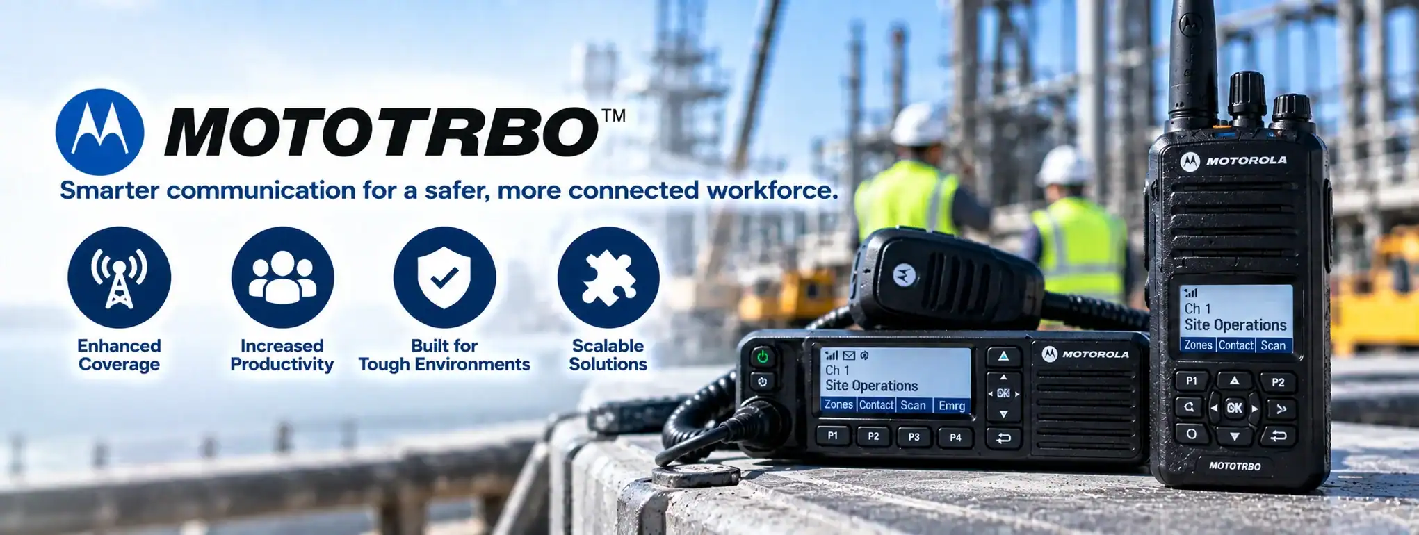 MOTOTRBO™ Two-Way Radio System MOTOTRBO™ two-way radio with accessories at industrial site.