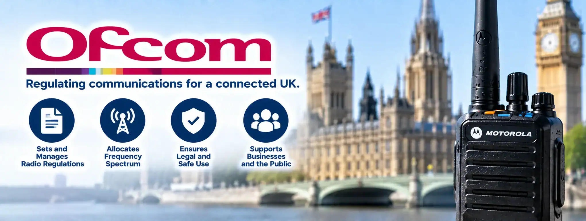 DCS 2 Way Radio for Ofcom Compliance DCS 2 Way Radio with UK landmarks in background for Ofcom regulations.