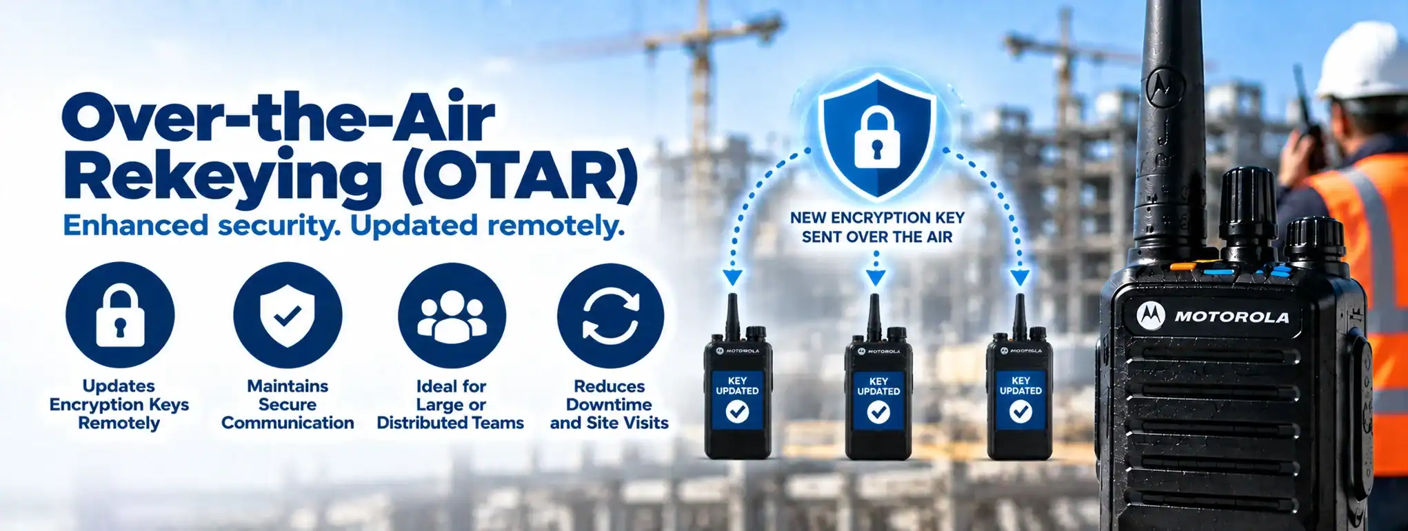 Over-the-Air Rekeying (OTAR) for Radios DCS 2 Way Radio with OTAR encryption update process at construction site.