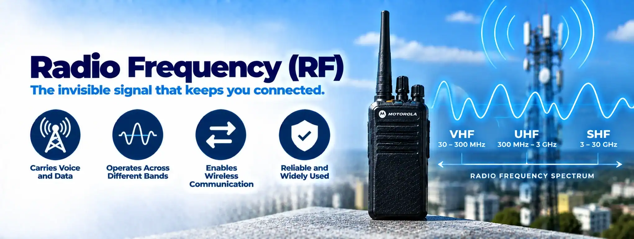 DCS 2 Way Radio for Reliable Communication DCS 2 Way Radio with RF spectrum and signal icons for communication.