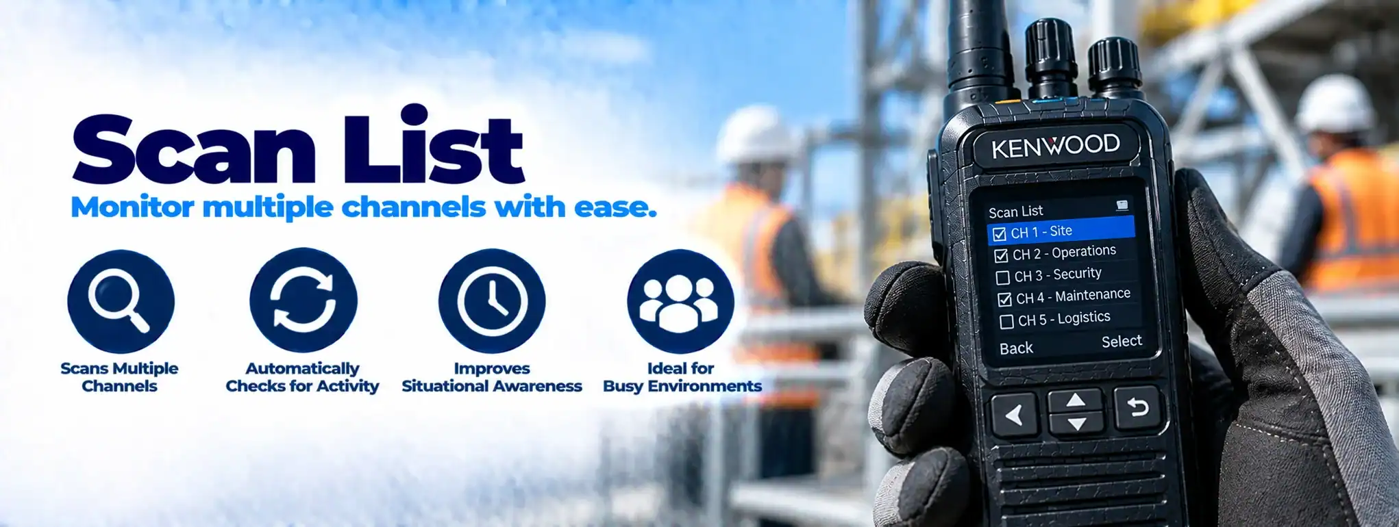 DCS 2 Way Radio for Scan List DCS 2 Way Radio displaying scan list for monitoring channels.