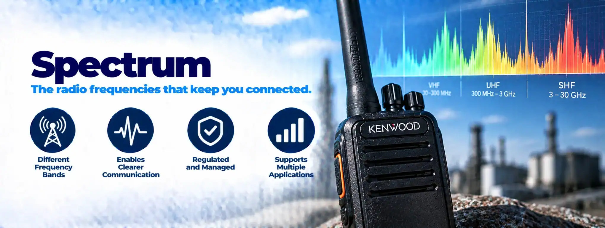 spectrum DCS 2 Way Radio with spectrum display and Kenwood branding for reliable communication.
