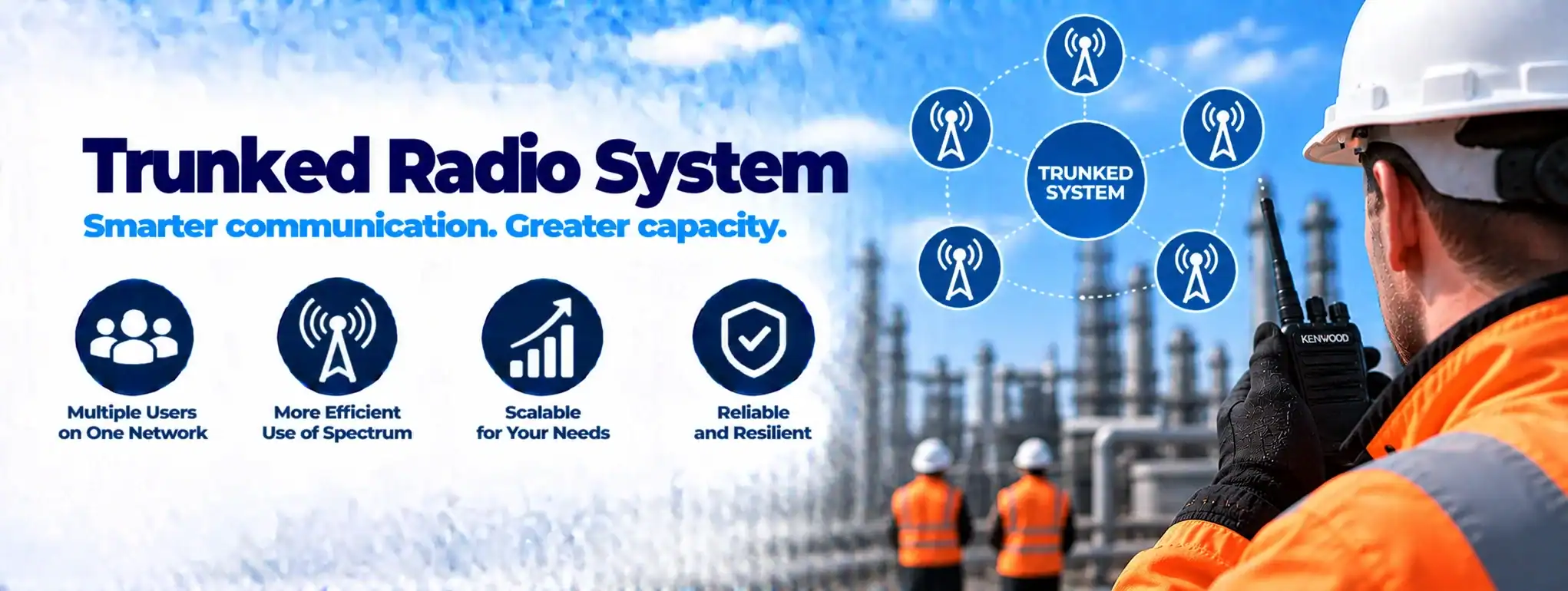 DCS 2 Way Radio for Trunked Systems Trunked radio system with workers in safety gear at an industrial site.
