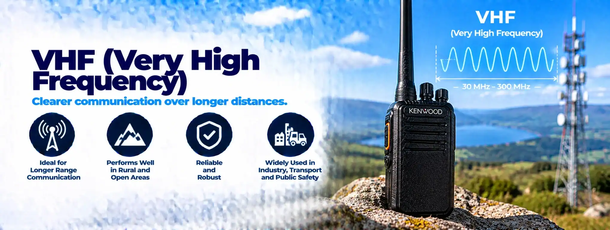 VHF Radio for Long-Distance Communication VHF radio device with antenna on outdoor landscape for long-range communication.