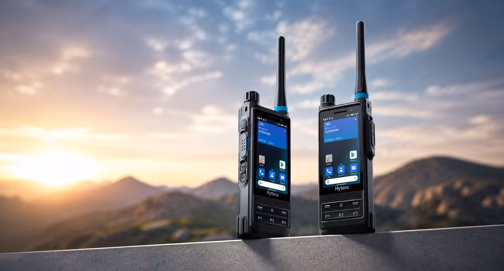 Two Hytera PTC680 800M two-way radios outdoors at sunset.